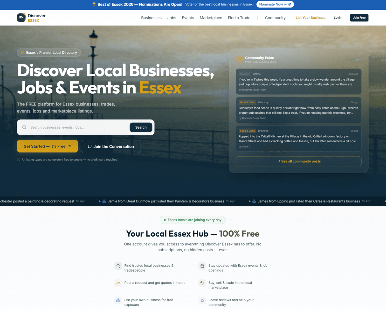 Screenshot of the Discover Essex homepage hero