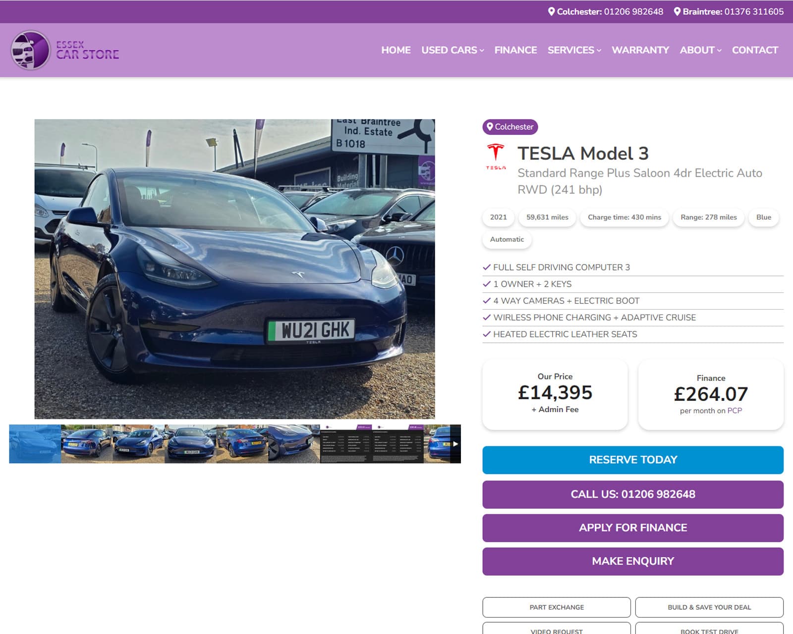 Screenshot of the Essex Car Store website