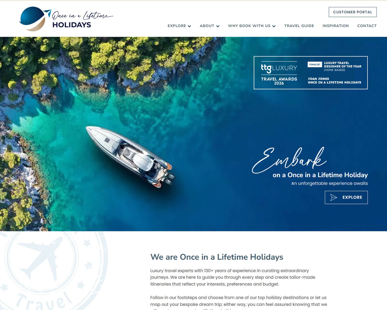 Screenshot of the Once in A Lifetime Holidays website