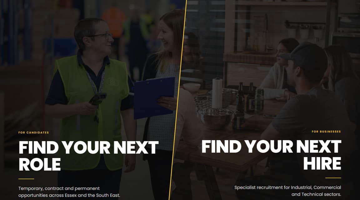 Market 36 Recruitment homepage with a split hero — Find Your Next Role for candidates and Find Your Next Hire for businesses