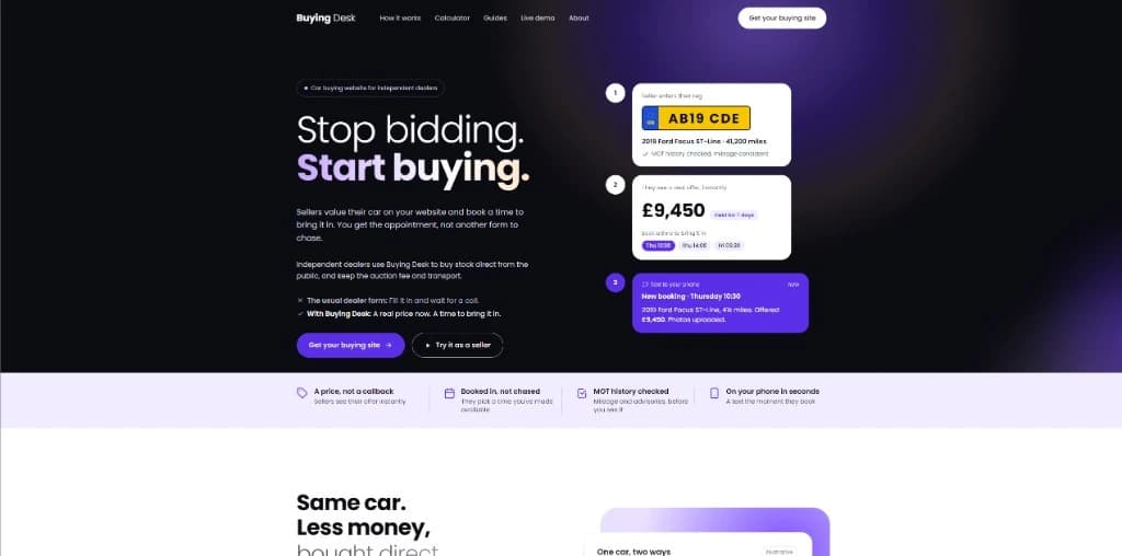 Buying Desk homepage showing its car-buying journey for independent dealers